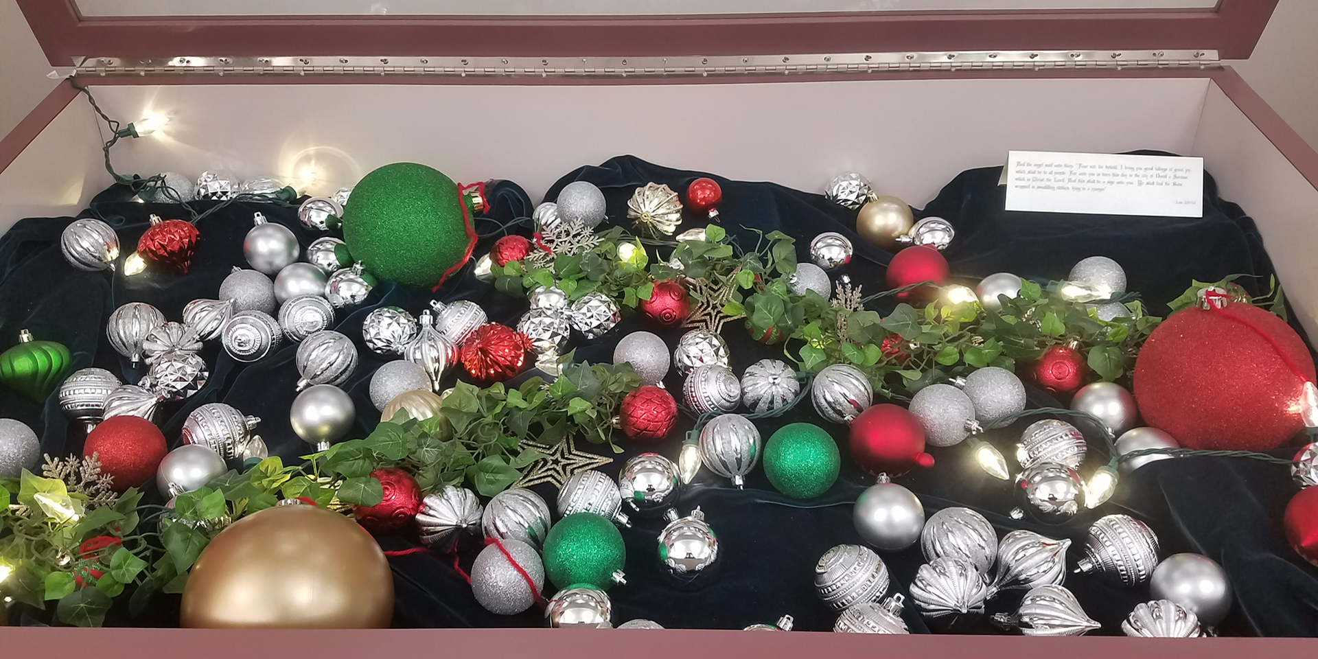 shadow box table of ornaments
