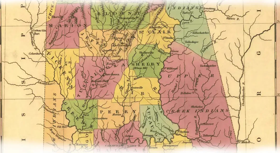 zoomed 1823 map of Alabama, partial