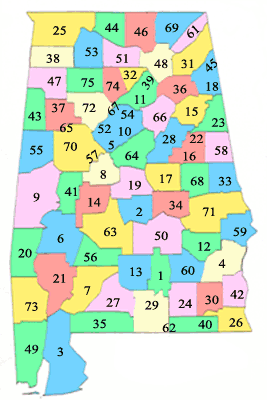 County locations of Baptist Associations in Alabama
