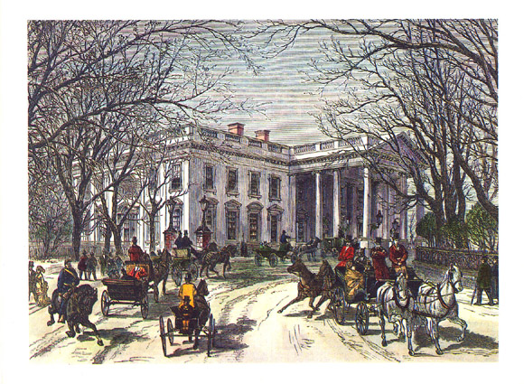Whitehouse with snow covered ground and people in foreground