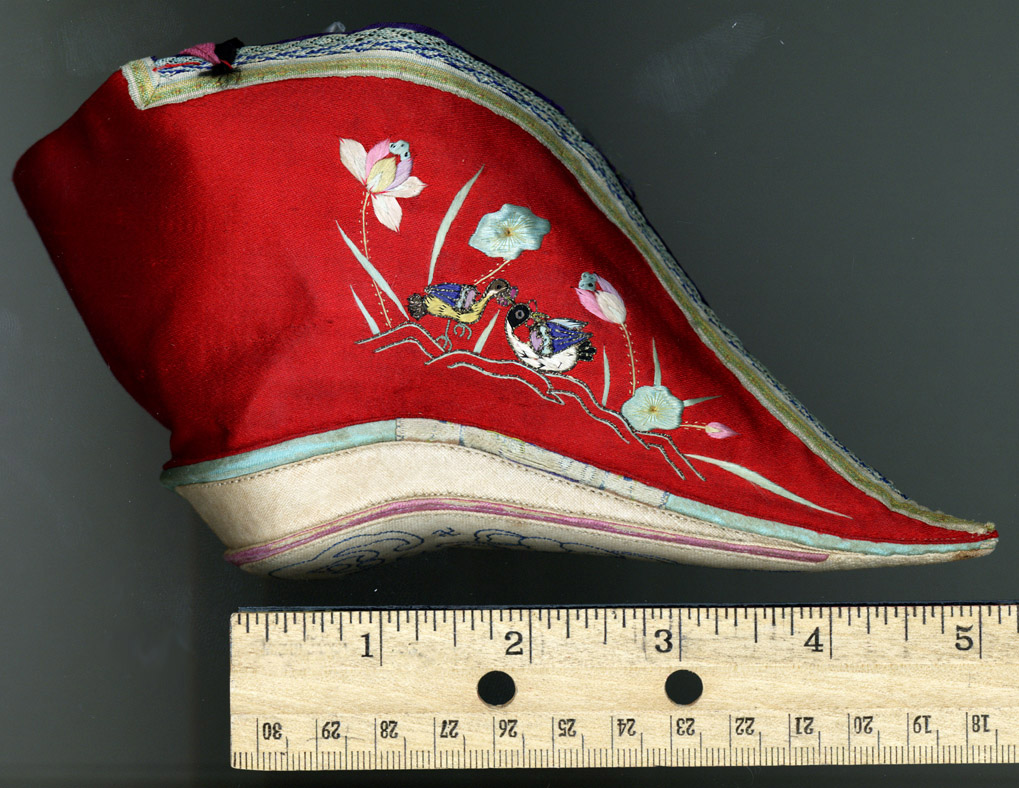 red embroidered Lotus Shoe with ruler-5 inches long