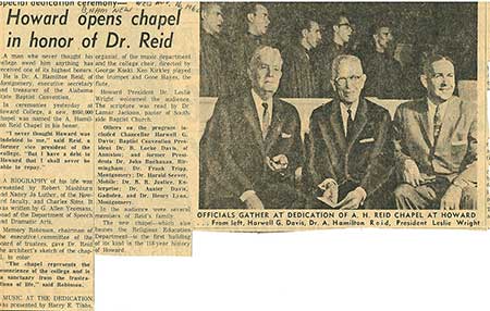 Newspaper Article, Howard Opens Chapel in Honor of Dr. Reid