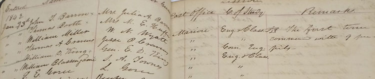 excerpt from 1842 Matriculation record