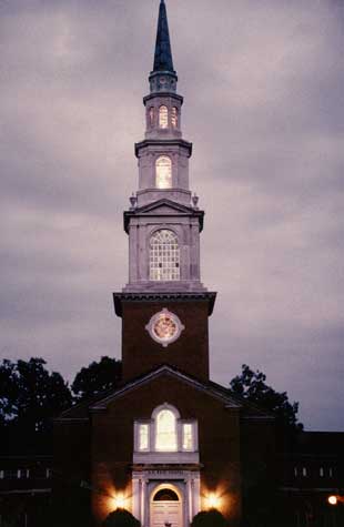 Early evening view of Reid Chapel highlights the stained glass