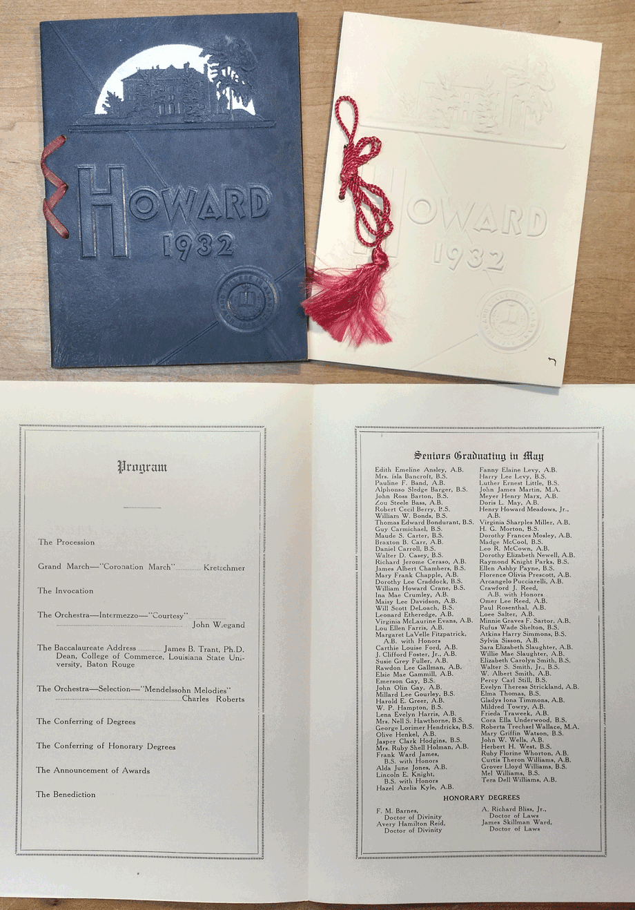 Commencement blue leather and white paper invitations for 1932