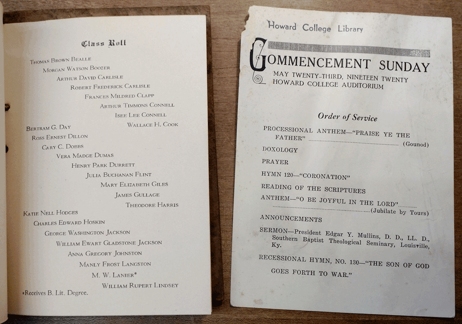 Commencement program pages from 1920
